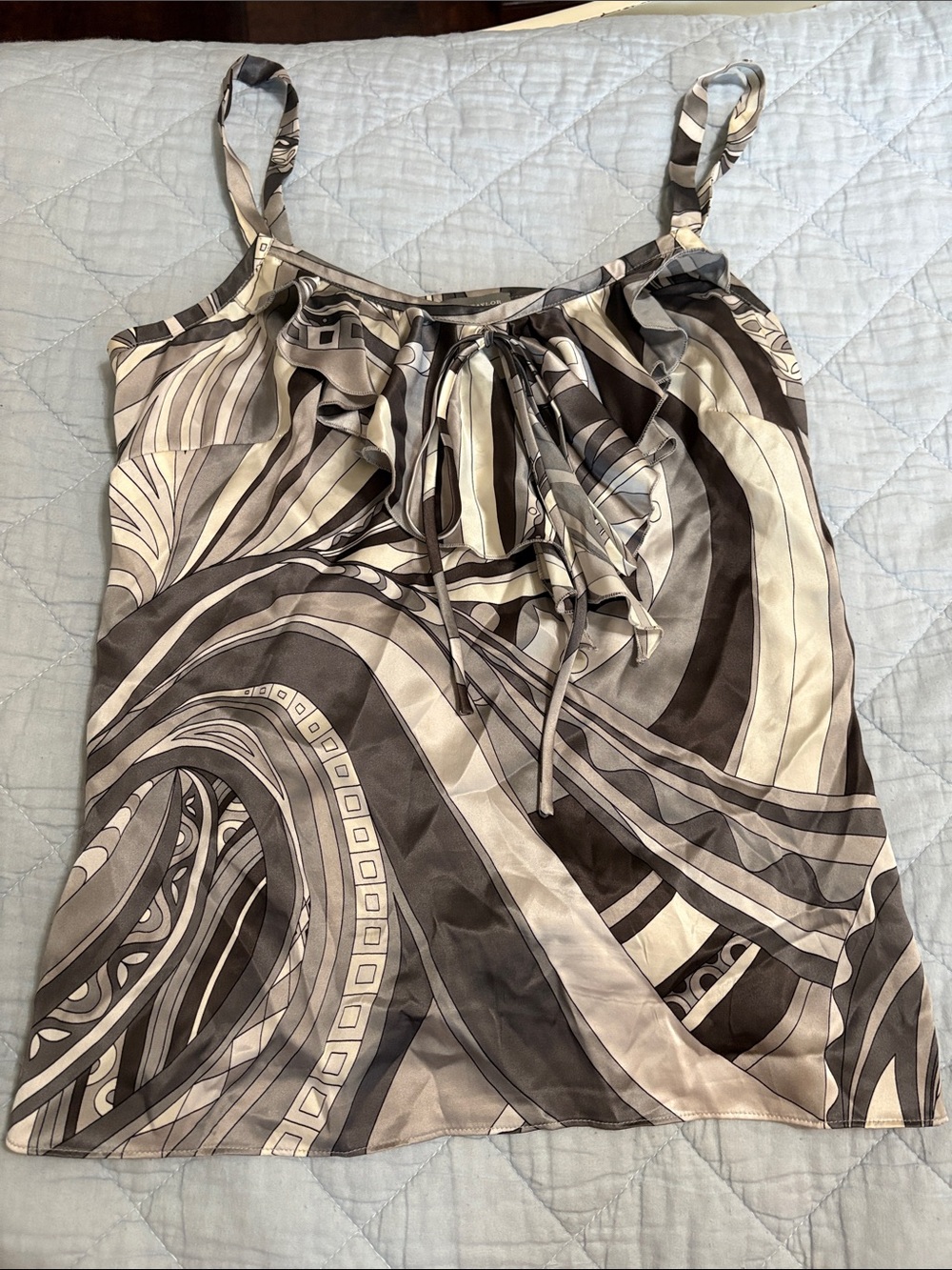 Ann Taylor Size 0 Abstract Print Ruffle Tie Neck Satin Cami Tank Y2K Workwear